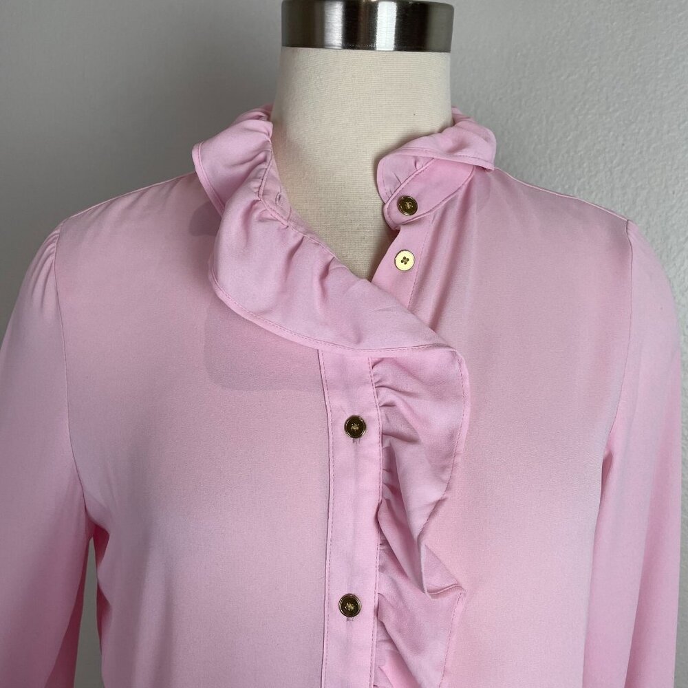J. Crew Womens 4 Pink Ruffle Button Up Blouse Long Sleeve Shirt Top - Picture 10 of 11